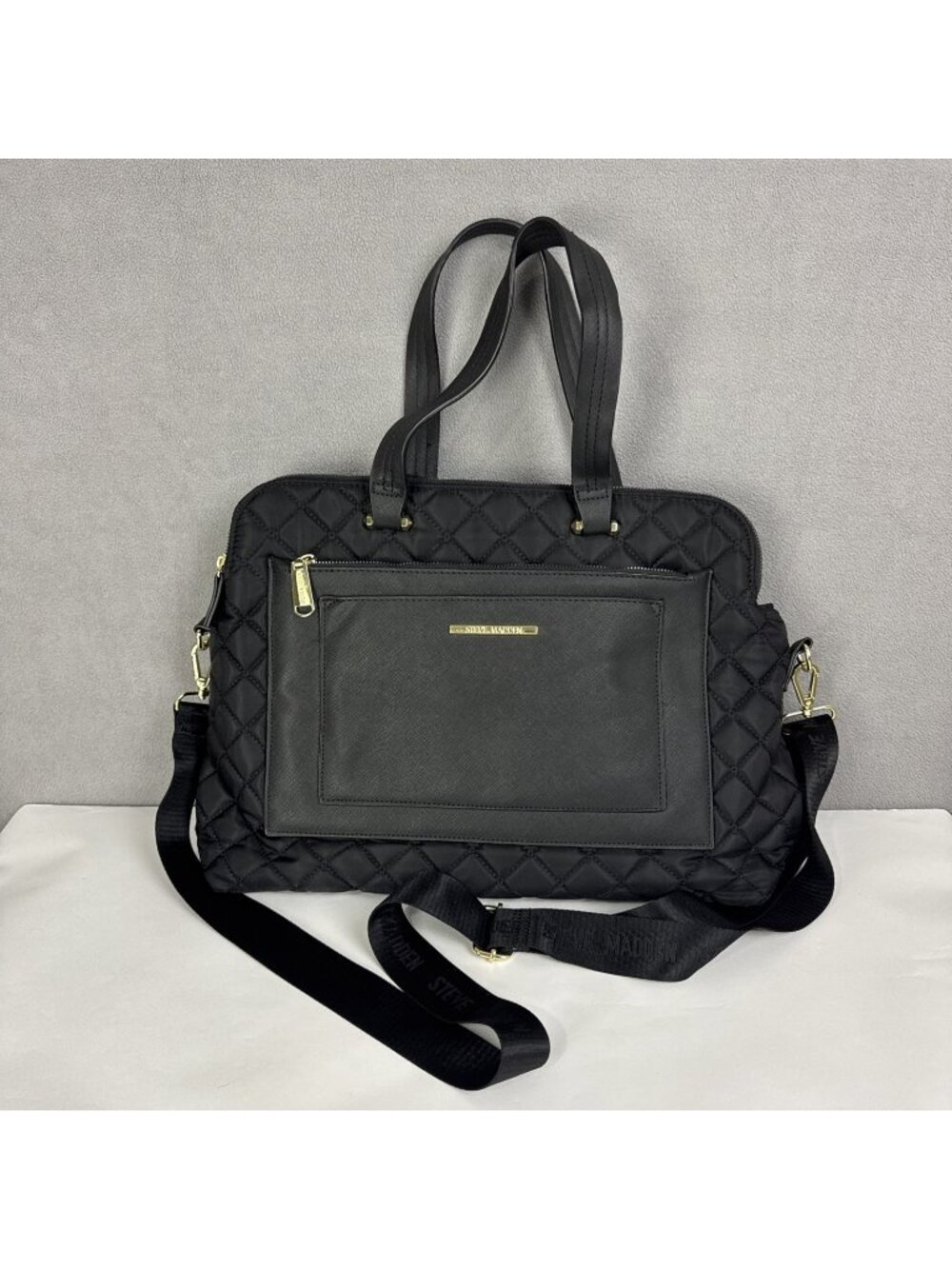 Steve Madden Black Laptop Quilted Large Bag multiple pockets gold tone work